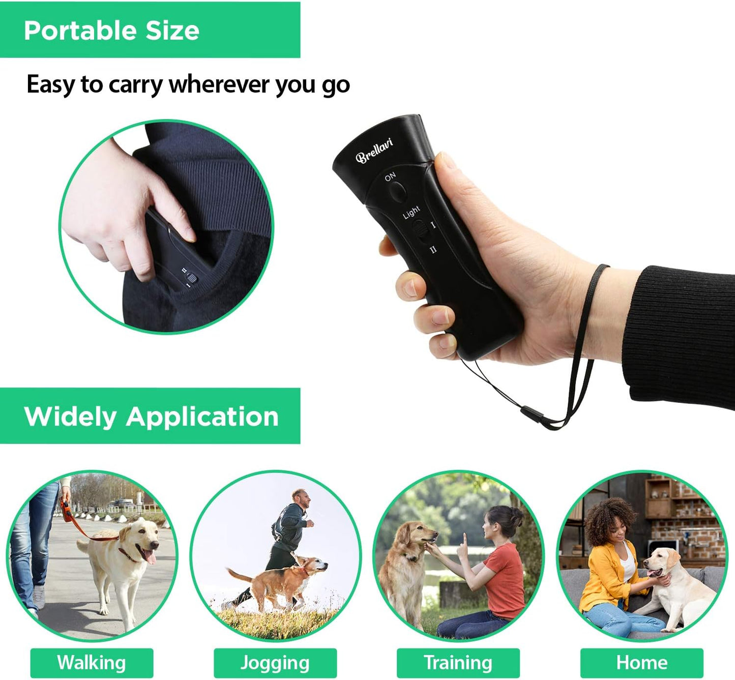 Brellavi Anti-Bark Dog Training Equipment and Barking Control Device, Electronic Clicker Trainer for Walking, Jogging, and Aggressive Behavior, Handheld and Portable (Black)